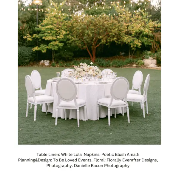 Our White Lola table linen set up for an event at Pasa Robles Greens.