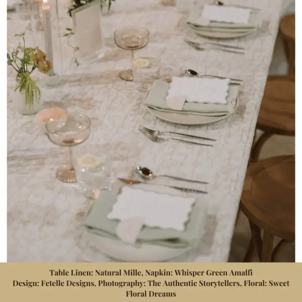 Natural Millie table linen, Napkin is Whisper Green Amalfi